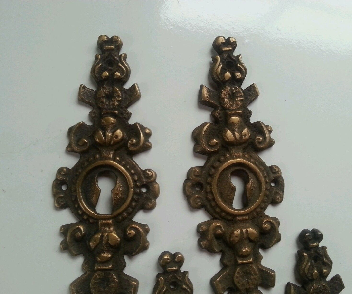 4 Large 4" Elongated Ornate Brass Keyhole Escutcheons Jewelry Component #E19