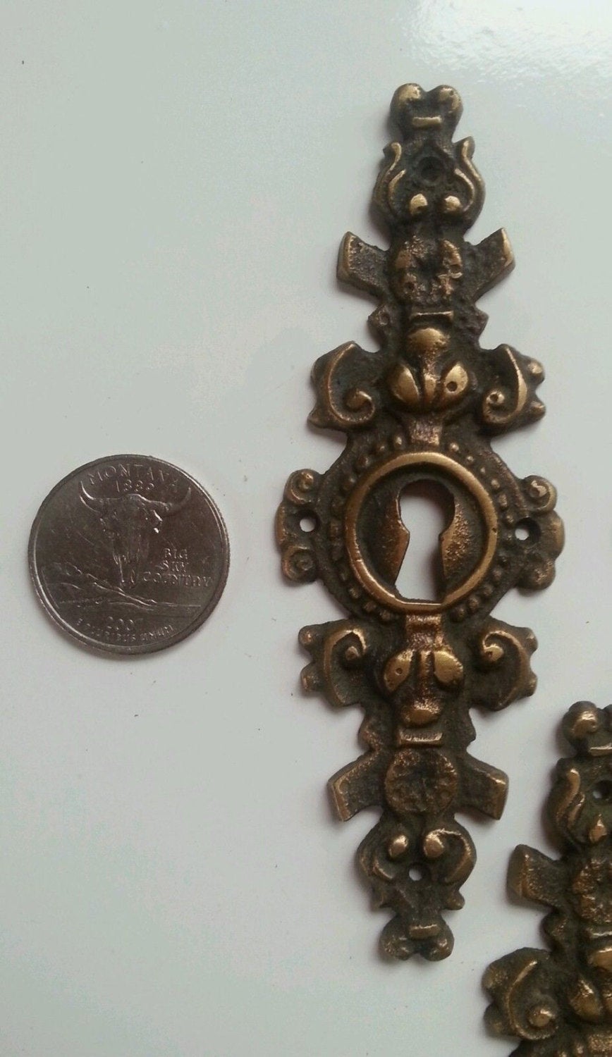 4 Large 4" Elongated Ornate Brass Keyhole Escutcheons Jewelry Component #E19