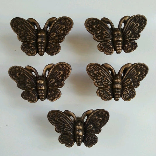 5 Butterfly Cabinet Drawer Door Knoby, Pulls, Handles, Solid Brass 1 7/8"w #Z13