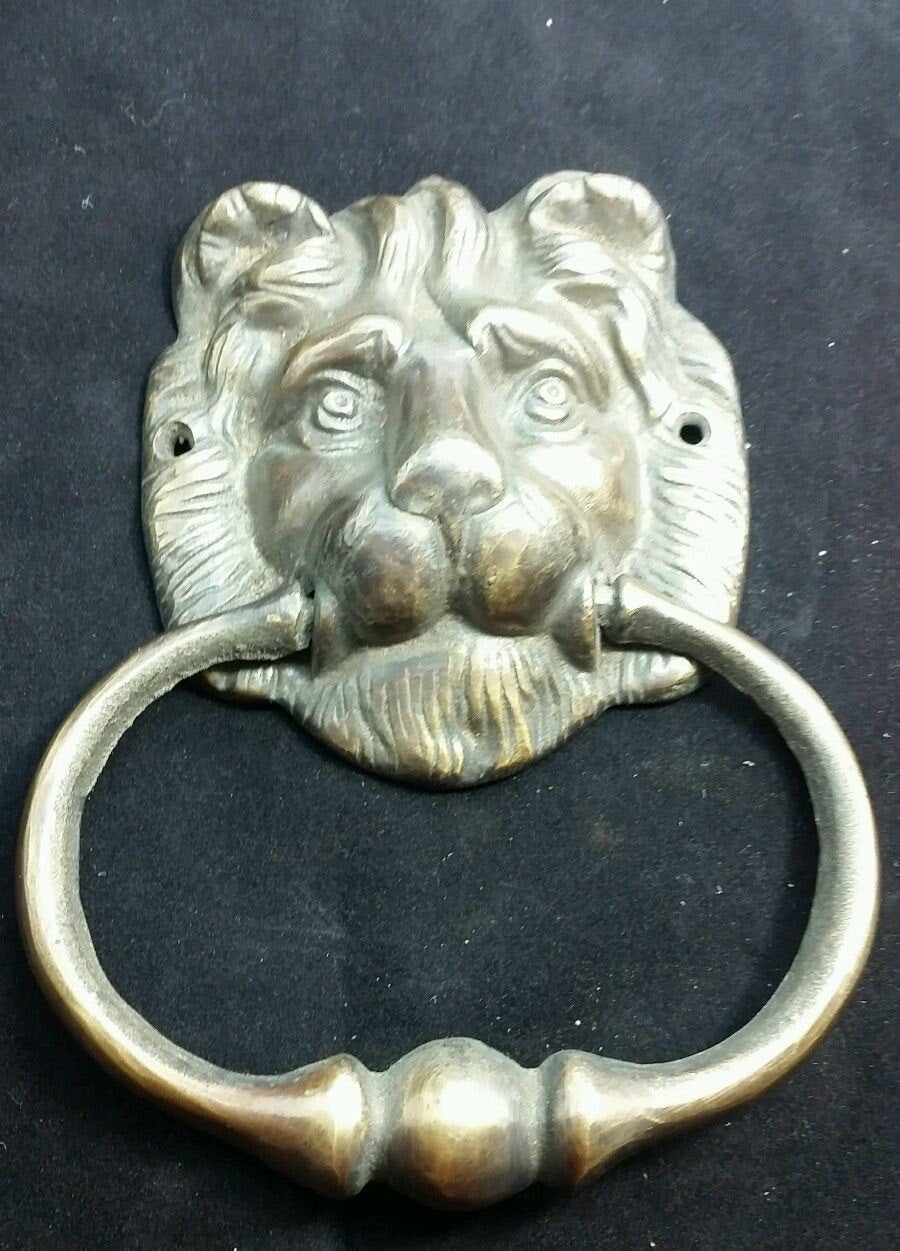 Large Unique Antique Vintage Style Brass Lion Head Door Knocker, Towel Ring Holder 6 1/2" long #D2