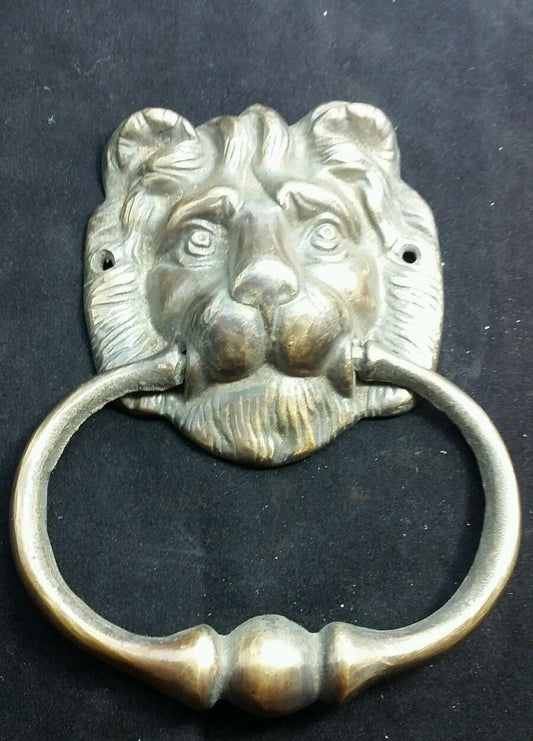 Large Unique Antique Vintage Style Brass Lion Head Door Knocker, Towel Ring Holder 6 1/2" long #D2