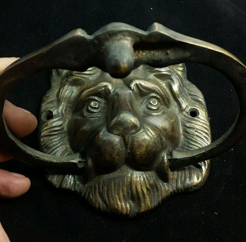 Large Unique Antique Vintage Style Brass Lion Head Door Knocker, Towel Ring Holder 6 1/2" long #D2