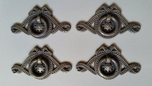4 Antique Vintage Ornate Ribbon and Bow Brass Handles Pulls 3 5/16"w. #H22