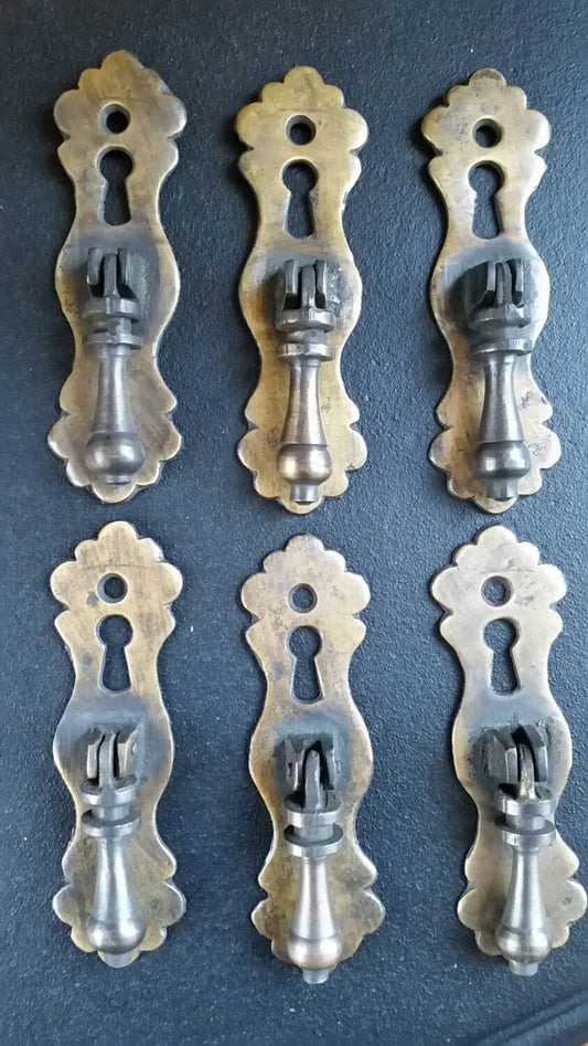 6 Handles with Teardrop Pendant Pulls and Escutcheon Key Holes, Cabinet, Solid Brass 3 3/4" long #H1
